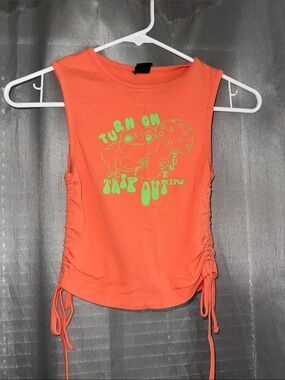 Urban Outfitters Orange Crop Tank with Neon Green Frog Graphic